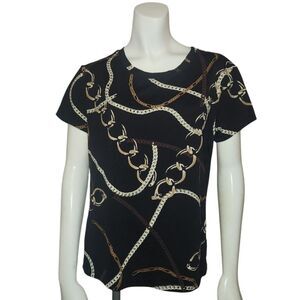 APOSTROPHY Stretch Blouse Black with Gold Chains Pattern Womens Size Large